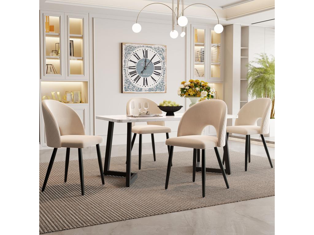 Dining set 117x68 cm, 4 shell-shaped chairs - velvet and black metal legs - diamond pattern - beige