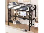 90x200cm Children's Loft Bed - Iron Bed Frame, Raised Bed with Desk for Study and 2 Shelves - Black