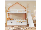 Bunk bed 90x200cm children's cabin bed with LED strip, slatted base, slide, shelf and 2 drawers, natural white pine MDF