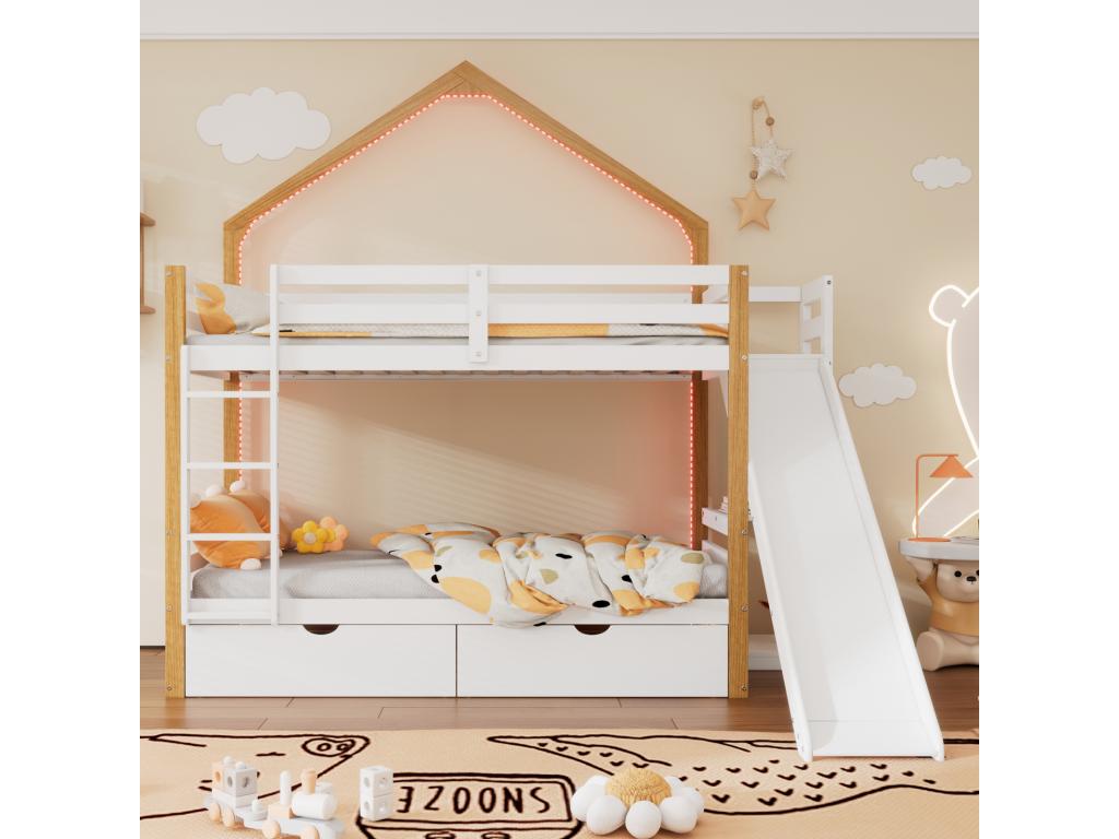 Bunk bed 90x200cm children's cabin bed with LED strip, slatted base, slide, shelf and 2 drawers, natural white pine MDF