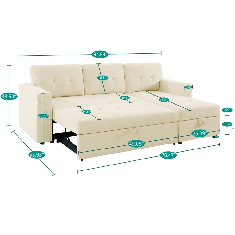 Convertible Reversible Sectional Sofa with Pull-Out Sleeper Bed, Hidden Storage Chaise, and Durable Legs