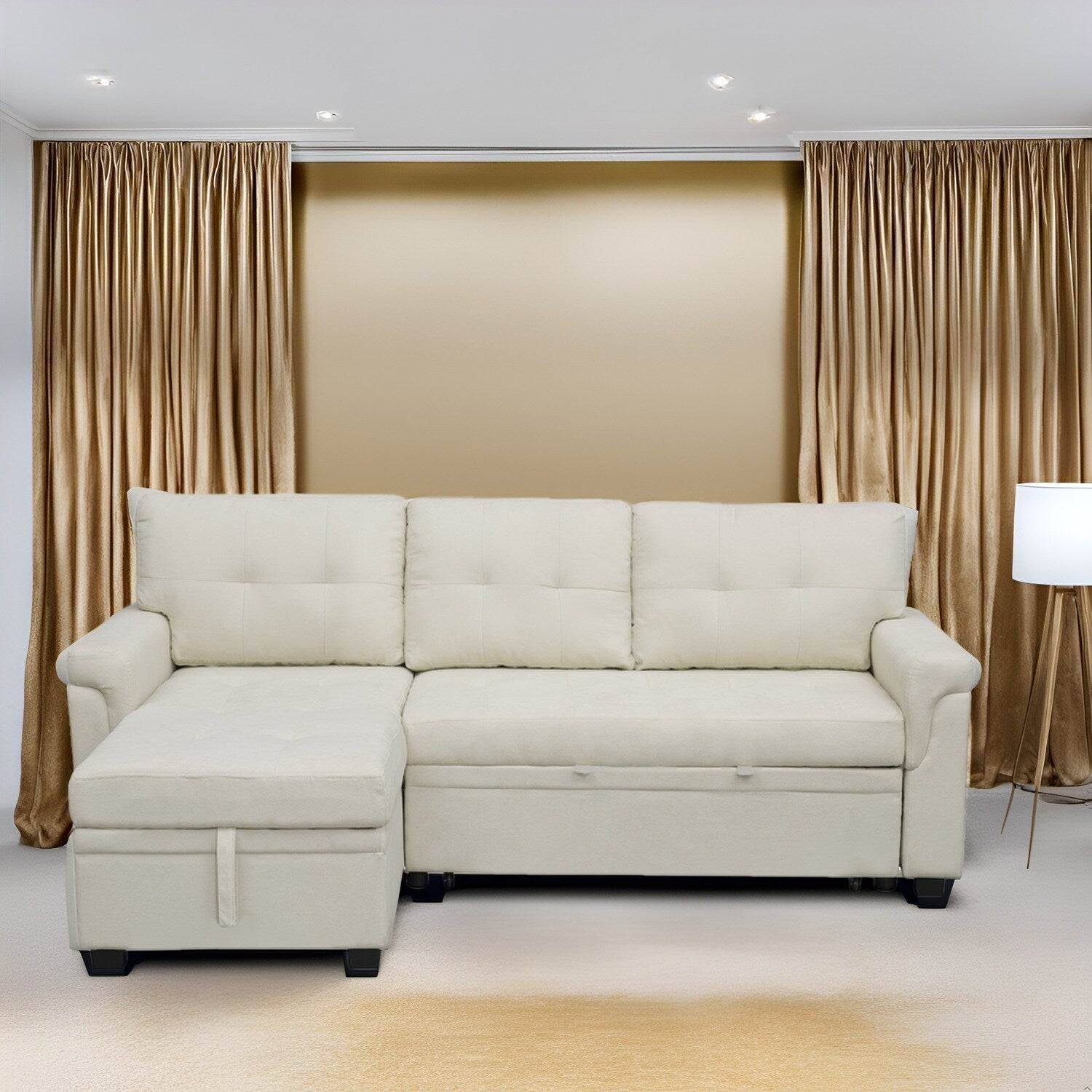 Reversible Sectional Sofa with Pull-Out Sleeper Bed, Hidden Storage Chaise, Durable Legs,