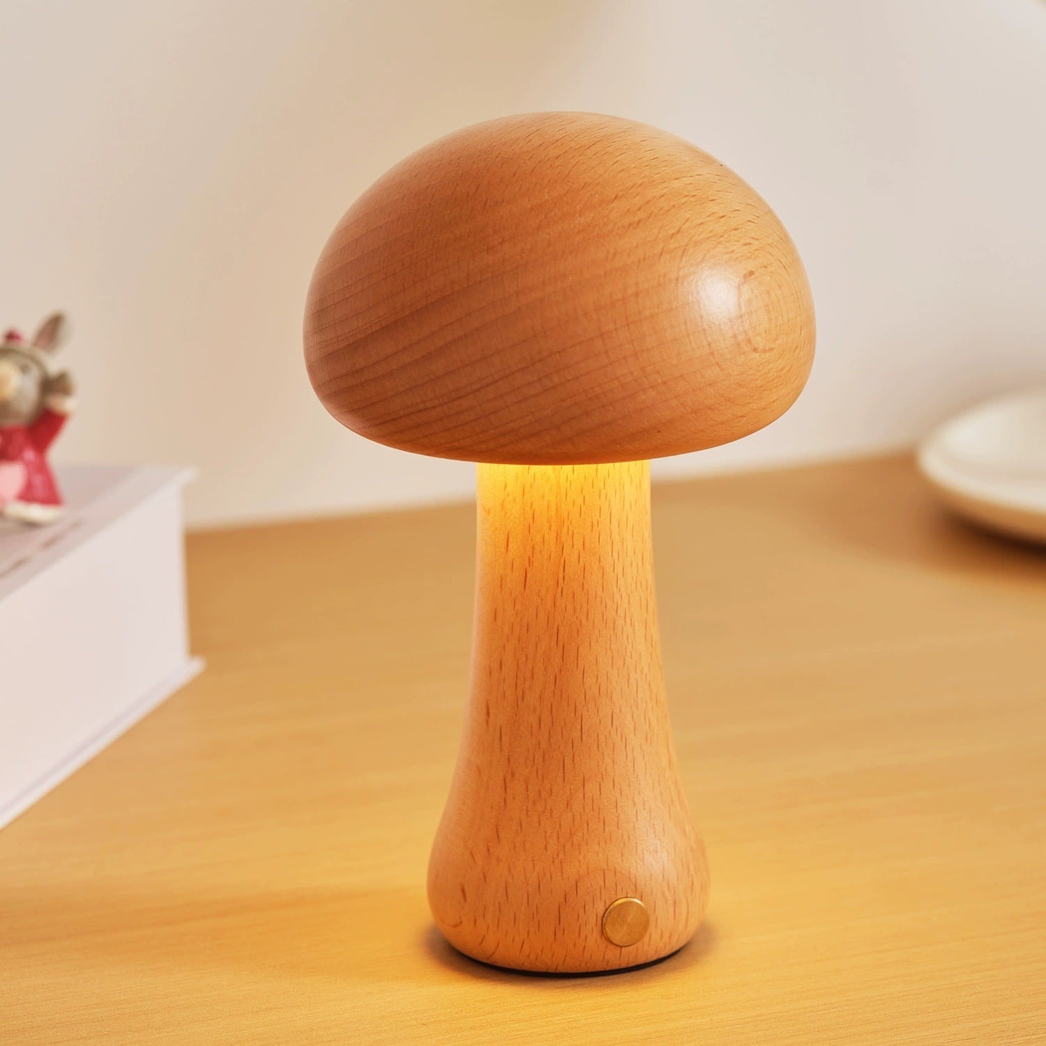Solid Wood Mushroom Table Lamp - USB Rechargeable LED Cordless Table Lamp